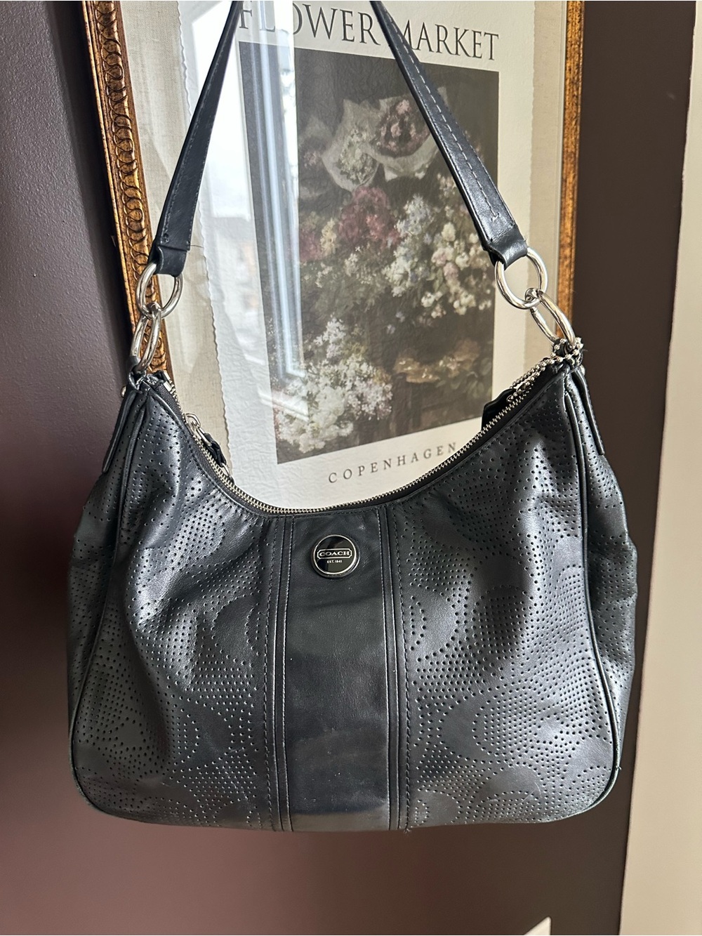 Coach House Check Black Perforated Leather Shoulder Bag Y2K